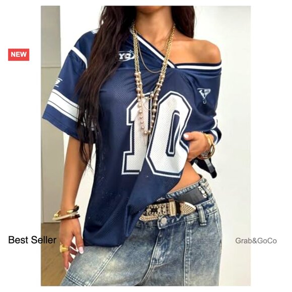 Oversized V-Neck Jersey Shirt Y2K Graphic Print Streetwear Mesh Fabric - Picture 3 of 6